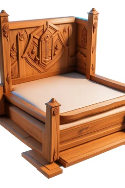 a wooden bed with a fortnite theme carved into it, no background