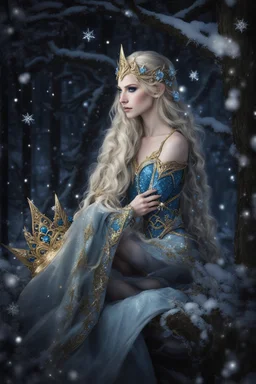 Elven princess,elven crown,long blonde golden hair,rapunzel hair,ice flowers,beautiful,light blue,dark blue,golden armor,sparkle,glitter,ice flowers,snow,elven ears,dark fairy princess