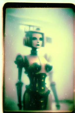 steampunk, vintage analog polaroid of a woman robot, female body, fog, lomography, heavy film grain, rain, color bleed, depth of field, bokeh, retro