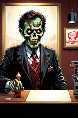 visceral rotting zombie as a bank teller, "WELCOME" sign on the counter, digital illustration, by Martyn Turner, macabre