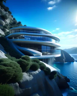 Country house on the cliff overlooking the sea parametric architecture Zaha Hadid style incredibly detailed 8k digital art