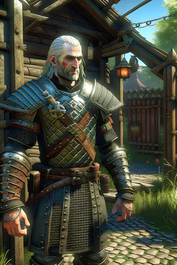 geralt of rivia with witcher armor, photorealistic, standing near a gate to a town watching passerby