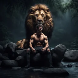 Hyper Realistic Handsome Muscular Man Sitting With a Huge-Zombified-Lion in a jungle with river-water-flow & big stones at dark rainy night showing dramatic & cinematic ambiance