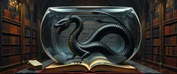 master oil painting by Escher and Giger, ancient library book obsidian chrome black serpent dragon inside huge transparent vase and with gold, master 3d models