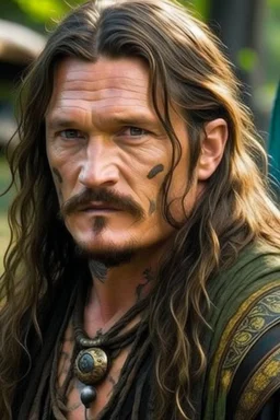 pedro pascal as long haired celtic warrior with tribal tattoos