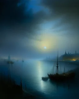 A grayish dark blue city in twilight painted by Ivan Aivazovsky