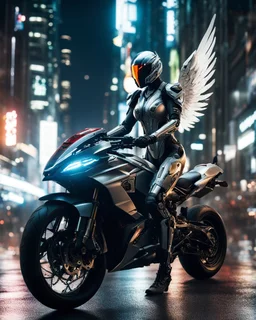 A full length Beautiful humanoid Angel mixed with a body cyborg,driving motorsport Ducati futuristic on street futuristic cyberpunk city night, 8k ultra detail photography