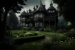 victorian garden and gloomy mansion
