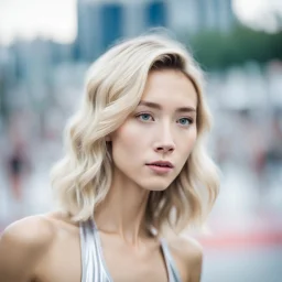 beautiful anorexic asian female, total shot, shiny silver triathlon swimsuit, short blond wavy bob hair, blurred city background