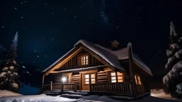 雪夜 星空下小木房