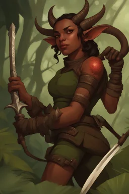 A DnD character. A female horned Tiefling ranger in a jungle. The Tiefling has a little dinosaur on her shoulder and a rapier in her hand.