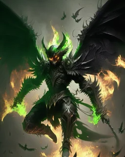 un demonio de armadura negra y verde y alas de ángel negras volando en llamas