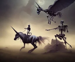 Epic photo of A unicorn being ridden by a skeleton, by greg rutkowski,