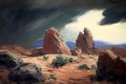 Cloudy day, mountains, distant mountains, vegetations, sand, desert, rocks, philip wilson steer impressionism paintings