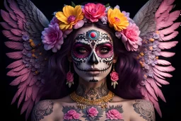 beautifull girl sugarskull,whit tattoo, pretty eyes, big wings, photography, soft light, volumetric lighting, ultra-detailed photography, black background, Perfect anatomy, super high resolution + UHD + HDR + highly detailed, hyperrealistic, dynamic lighting, RED METALIC and YELLOW PINK colors, STARS BACK AND MOON, FLOWERS PURPLE ARROUND, aztec queen.