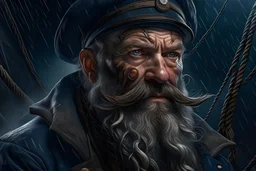 create a hyper-realistic image of a Sea Captain, full beard with intricate details, he is is standing on the bow of the ship, he looks at the enemy, after the battle, fear and horror on his face, tired and beaten, sea spray on his face mixed with sweat, an atmosphere of darkness and horror, hyper-realistic photo. Enhance the details, sharpness, and contrast in post-production to get a hyper-realistic effect.