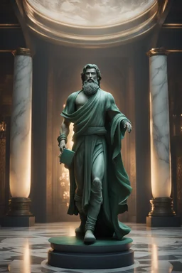 highly detailed marble and jade statue on a plint of a young man with long hair and short beard, full body shot, invisible gloves, , volumetric fog, Hyperrealism, breathtaking, ultra realistic, unreal engine, ultra detailed, cyber background, Hyperrealism, cinematic lighting, highly detailed, breathtaking, stunning environment