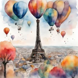 The Eifel Tower with colorful Hot air balloons on the horizon, vibrant storybook illustration, watercolor and ink painting, perfect composition, bright color gorgeous, subtleties beneath the surface, detailed background, cinematic, meticulously_detailed, fine art painting, intricately_detailed, super_crisp_clear_detail, moody