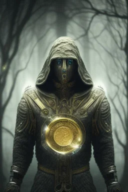 running berserker portrait , no face, black jogging suite , in the night Alps , holding coins , angels background, volumetric gold light, high detail, dark leaf tree, dark mountains in background, perfect, HR Giger style