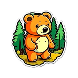 Sticker design on white background, Teddybear walking in a forest, in Don Bluth style, ambient light, high details, photorealistic