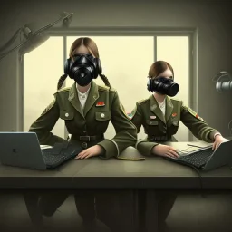 cute girls sitting at the computer in military gas masks. one of the girls is sticking out of the channel