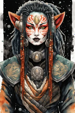 front facing watercolor portrait illustration of a gothpunk armored female kitsune vampire mercenary , beaded dreadlock hair, wearing an ancient ornate japanese kitsune mask , and shemagh, highly detailed with gritty post apocalyptic textures, caught in a cosmic maelstrom of swirling gases , finely detailed facial features and hair, in the graphic novel style of Bill Sienkiewicz, and Jean Giraud Moebius, ink wash and watercolor with realistic light and shadow