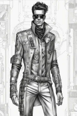 fashion illustration, sketches, futuristic man fashion, microchip designe shirt, black leather pant with silver accessories and belt buckle, steampunk and cyberpunk mixed style, sci-fi fashion style