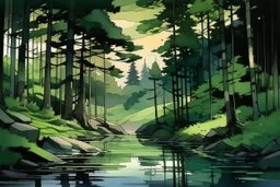 retro anime style, full color, dark serious 1980s anime style, A lake in the forest, watercolor, forest, a cortage