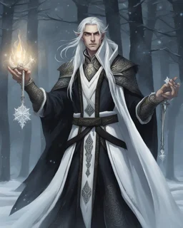 a young high elf frost Wizard with long wiry hair, wearing a black trimmed white nobleman's robe and frost ornaments on clothes
