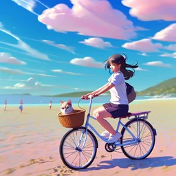 A girl is riding a bicycle on the beach. His cat is sitting in the front basket of the bicycle. Spring flowers can be seen everywhere. Beautiful blue sky with white clouds - kites in the sky. sense of peace. digital art, anime, 8k, full details, colorful, high resolution