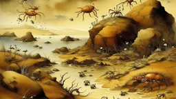 A tan prehistoric island with crabs designed in Lascaux cave paintings painted by Albrecht Durer