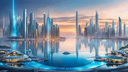 stunning panoramic view of an Amazing futuristic asian cyber city on a biomechanical tall island, azure blue sea, skyline suring Sunset , reflections, high detailed, sharp focus, best shot