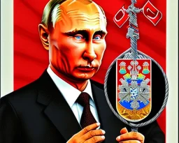 Russia president satan Vladimir Putin, evil fangs, blood and Moscow in fire atomic bomb cudgel