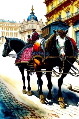 Fiacre, carriage with two horses in Vienna. Aquarell.