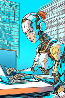 generate a front cover representation of Ai attractive female humanoid bot writing a book at a desk in a comic book style