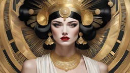 A painting of a woman 1920s clothing, black and white and gold, artgerm, julie bell, beeple, golden elements, golden oil streaks, geisha portraiture as a flapper, Shaun Downey, kinetic art, Erte, Marc Newsom, richly defined face, Bauhaus and Art Deco styles