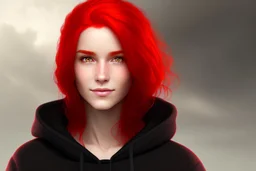 Woman with bright red hair, brown eyes, wearing a black hoodie, realistic, slight smile