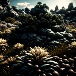 A striking photograh close-up captures a hyperrealistic wasteland with group of plants and glossy material, adorned with rocks. Magnificent. Henri Rousseau. Volumetric light. Shot on Kodak Portra 160 professional, eerie, giant black sun, 8k, deep 3d field, odd flowers, rock formations, strong texture, extreme detail, intricate, colours, rich moody colors, sparkles, bokeh, 33mm photography, details of the flowers and rocks very accentuated