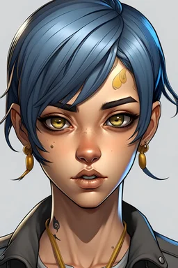 Realistic anime art style. Showing upper body. Her left nostril is pierced with a large black steel stud. Her eyes are marked with black eyeliner. Her lips are painted with matte black lipstick. She has gold-beige skin and brown eyes, and her short electric blue hair is neatly combed. She is wearing a fitted black button-up shirt, a mid-length white skirt, and dark blue combat boots with black laces