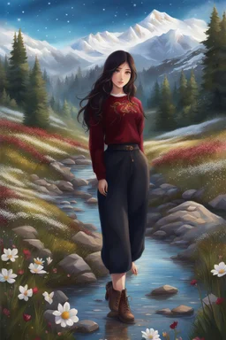 country side ,blue sky , snow on mountains, pretty clouds ,small rocky river with clear water small rocks in floor,wild flowers,beautiful Snow White, long shiny black curvy hair, wearing a burgundy sweater with the word TURK GIZI written on it, in gold, work clothes, standing, super realistic Fairy lights, intricate detail, texture, depth, vividness, movement, namex, energy, bioluminescence, stunning, epic, ultra-detailed, 8K photography by Miki Asai Macro, close-up, extremely detailed, pop