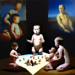 Putin, President Xi Of China And Joe Biden Play Chess With Atomic Bomb Mushroom Cloud,Complex Surgical Instruments Intermixed With A Newborn Boy,Minimalism,Painting By Adrian Ghenie,Rene Magritte,Pablo Picasso,Michelangelo,Salvador Dali,Lucian Freud