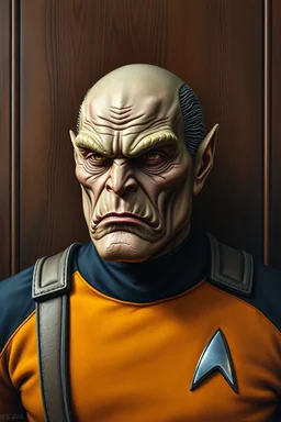 Head and chest image, Star Trek - (((Klingon Officer))), ((dark, stained wood panel wall in the background)), oil painting in the art style of Jim Lee, 32k UHD, Hyper realistic, photorealistic, realistic, sharp, highly detailed, professional quality, beautiful, awesome, majestic, superb, trending on artstation