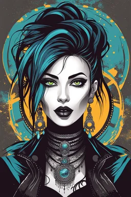 Create a wild, imaginative, goth punk girl with highly detailed facial features, in the vector graphic style of Nirak1,and Cristiano Siqueira, utilizing simple shapes and vibrant colors