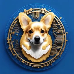Blue and gold circle logo. Features a cute corgi dog that is made of gold circuit board traces. Fingerprint and neural network superimposed behind
