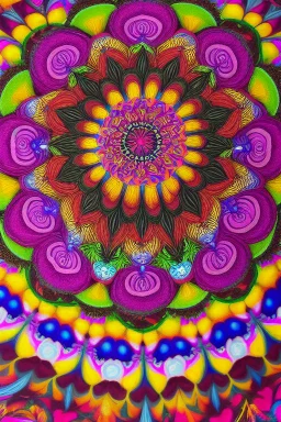 psychedelic mandala made out of flowers, feathers, ultra detailed, photorealistic, vivid colours, intricate details, in the style of Elspeth McLean, 32k