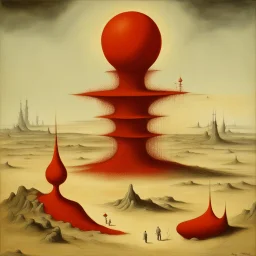 Odd open space, metaphysical, giant red object, very detailed, person, Yves Tanguy