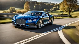 A sleek (((a fusion of bentley and bugatti chiron))), its glossy shell reflecting the (((bright sun))), cutting through a (((clear bright blue morning sky)))