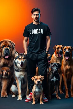 A powerful cinematic portrait of a confident young man standing in the center, wearing a black Air Jordan t-shirt, black joggers, and red-and-white Jordan sneakers. He is surrounded by a group of dogs of different breeds: a giant Tibetan Mastiff, a Husky, a Rottweiler, two Golden Retrievers (one with its paw resting on his leg), a Doberman, and a tiny French Bulldog puppy near his feet. The background has a dramatic gradient lighting split into warm orange on the left and cool blue on the right,