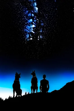 black background on a mountaintop and three silhouettes of a fit man, a silhouette of a fit woman, and silhouette of a Belgian malinois sitting next to the men and the woman looking at the stars