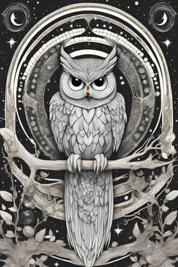 Generate a black and white coloring page featuring a wise and mystical owl perched on a branch, surrounded by enchanted symbols. The owl should have intricate feathers, wearing a cloak with celestial patterns and light armor. The background should include a crescent moon and stars, creating a magical nighttime scene. Using an anime drawing style.
